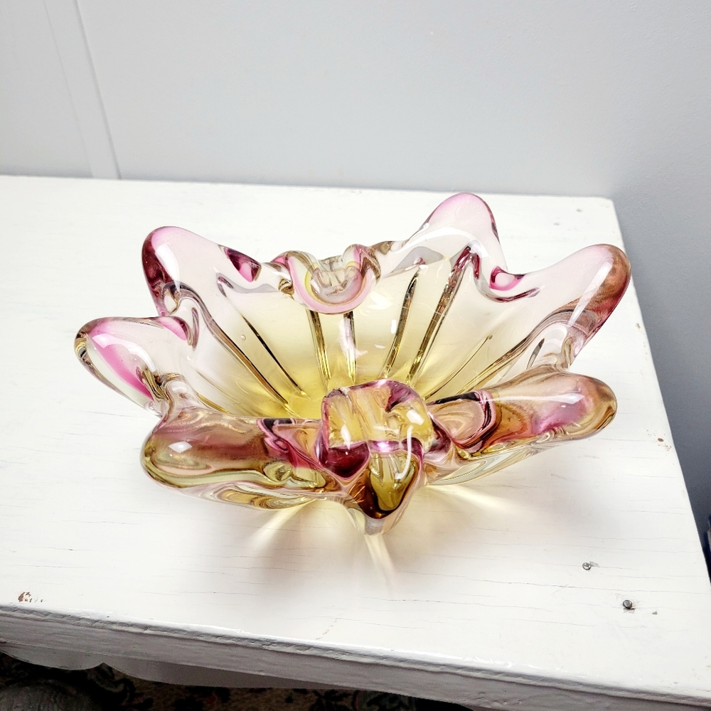Murano Art Glass Vintage Ashtray Pink Yellow Mid-Century Italian Glass 8" x 6"